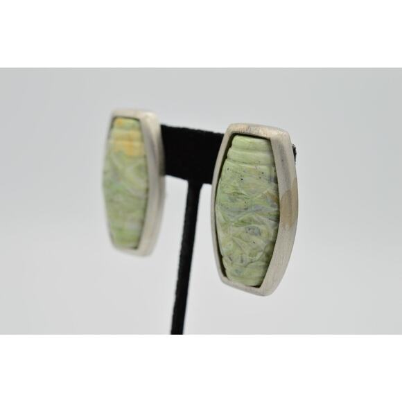 Vintage Earrings Brushed Silver Faux Green Stone Cabochon Statement 1980s 9G - Picture 3 of 12
